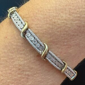 18K yellow gold & sterling silver diamond station bracelet 7 5/8" SS 925